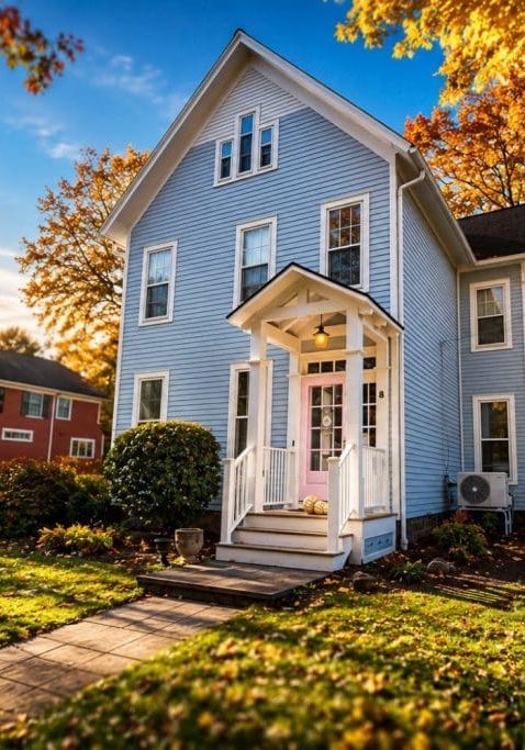 painted colonial home in Pittsford NY with cedar shake exterior