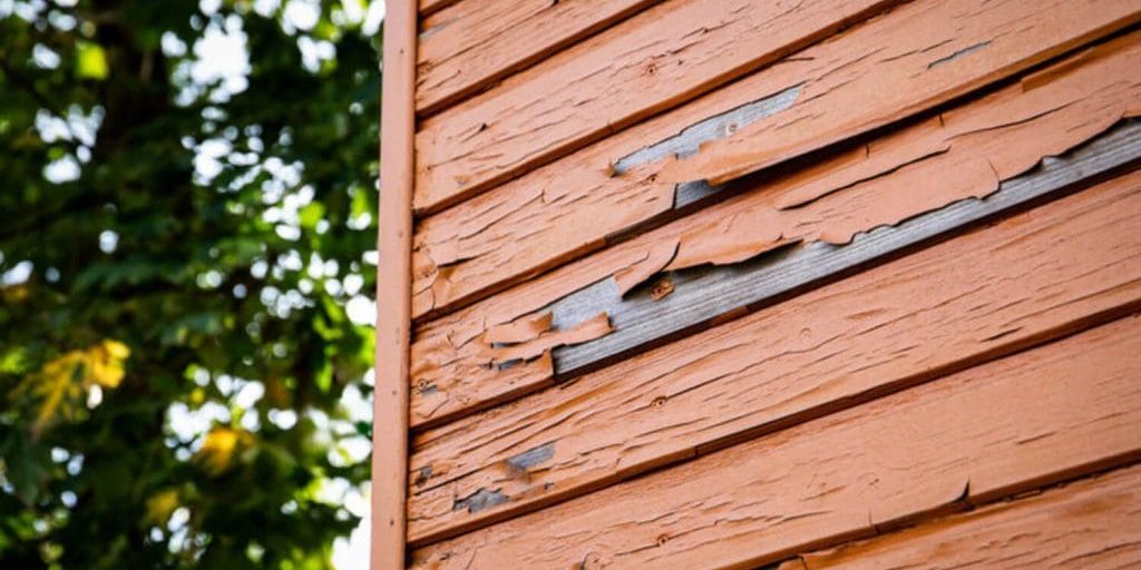 Close-up of peeling and flaking orange paint on wood lap siding with green trees visible in the background